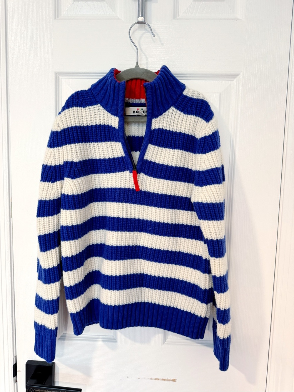 Mini Boden Boys Blue Cream Striped Chunky Knit Quarter Zip Sweater 8-9Y